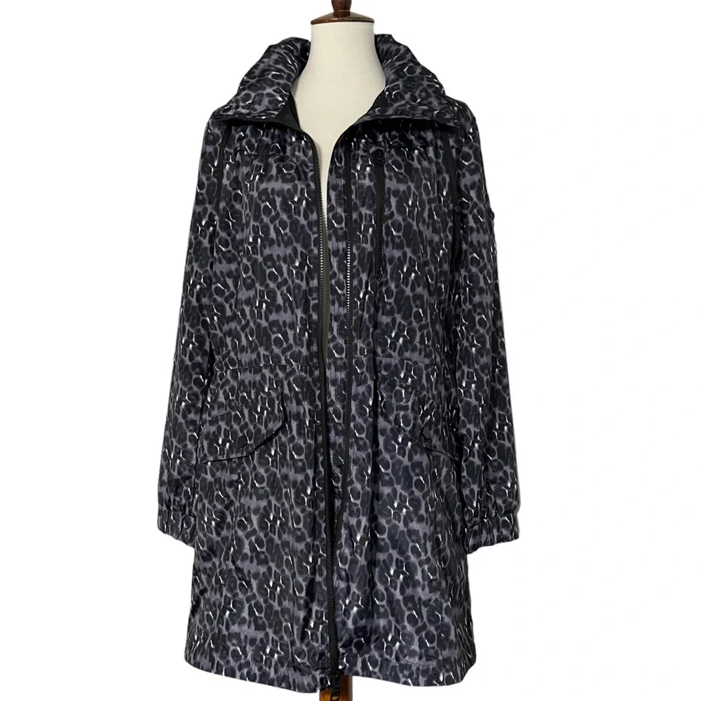 Lucky Brand Mid Thigh Length Rain Jacket Leopard Print Women's
